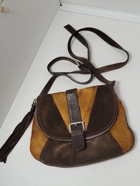 Brown Suede and Haircalf Crossbody Bag with Buckle Detail